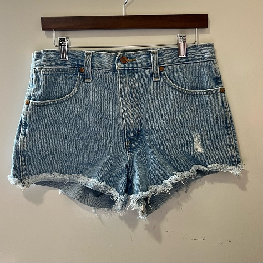 Wrangler Light Blue Distressed High-Rise Jean Shorts